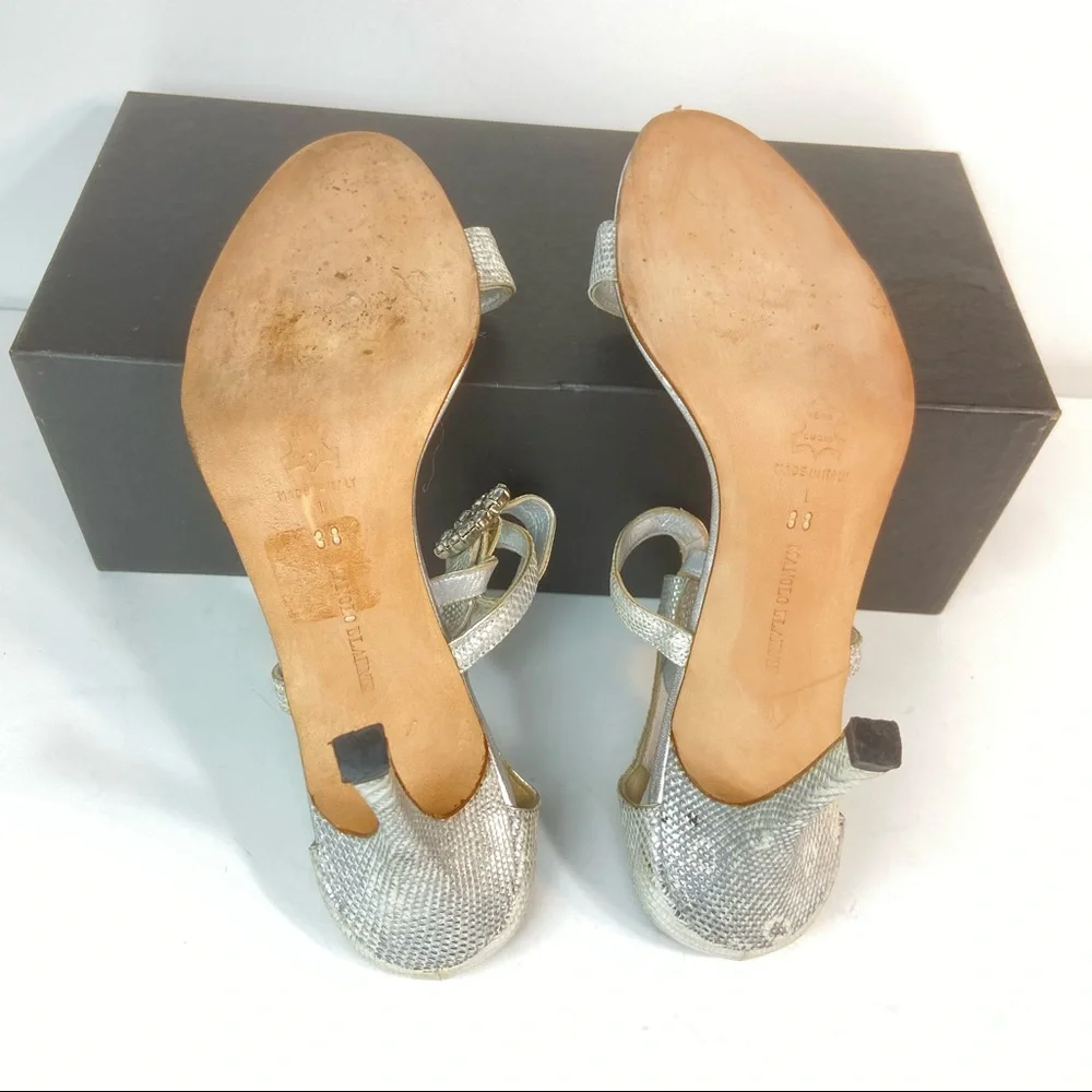 Manolo Blahnik silver sandals crystal buckles 38